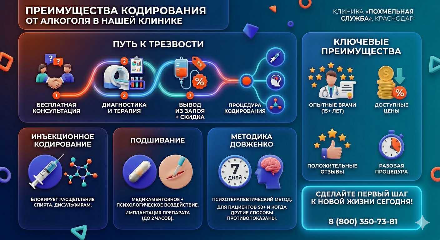 Инфографика о методах кодирования от алкоголя в Любинском: инъекции, подшивание, метод Довженко. Преимущества клиники и этапы лечения.