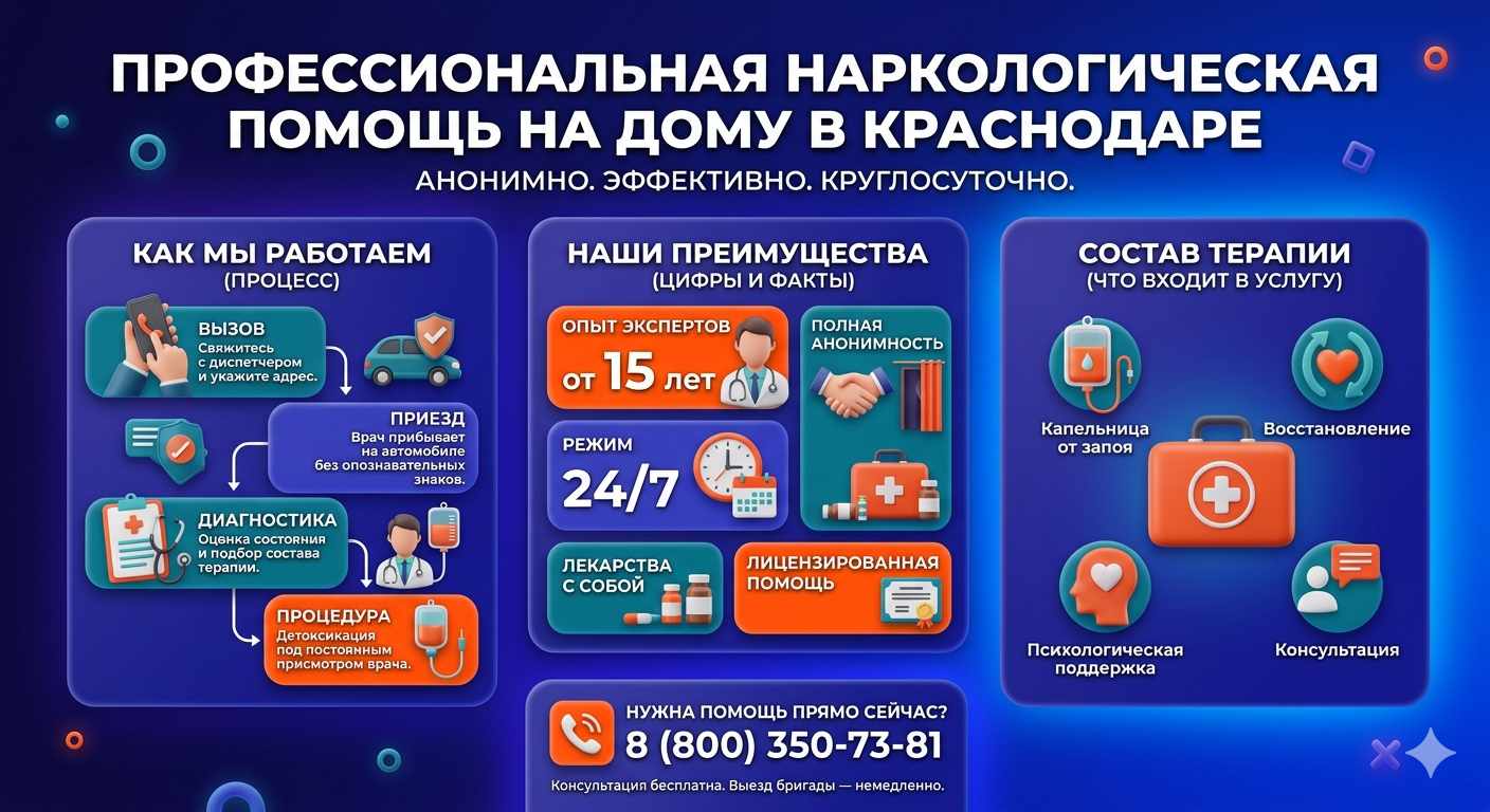 Инфографика о принципах лечения алкоголизма на дому в Любинском: этапы вызова нарколога, преимущества анонимной детоксикации и состав медицинской помощи.